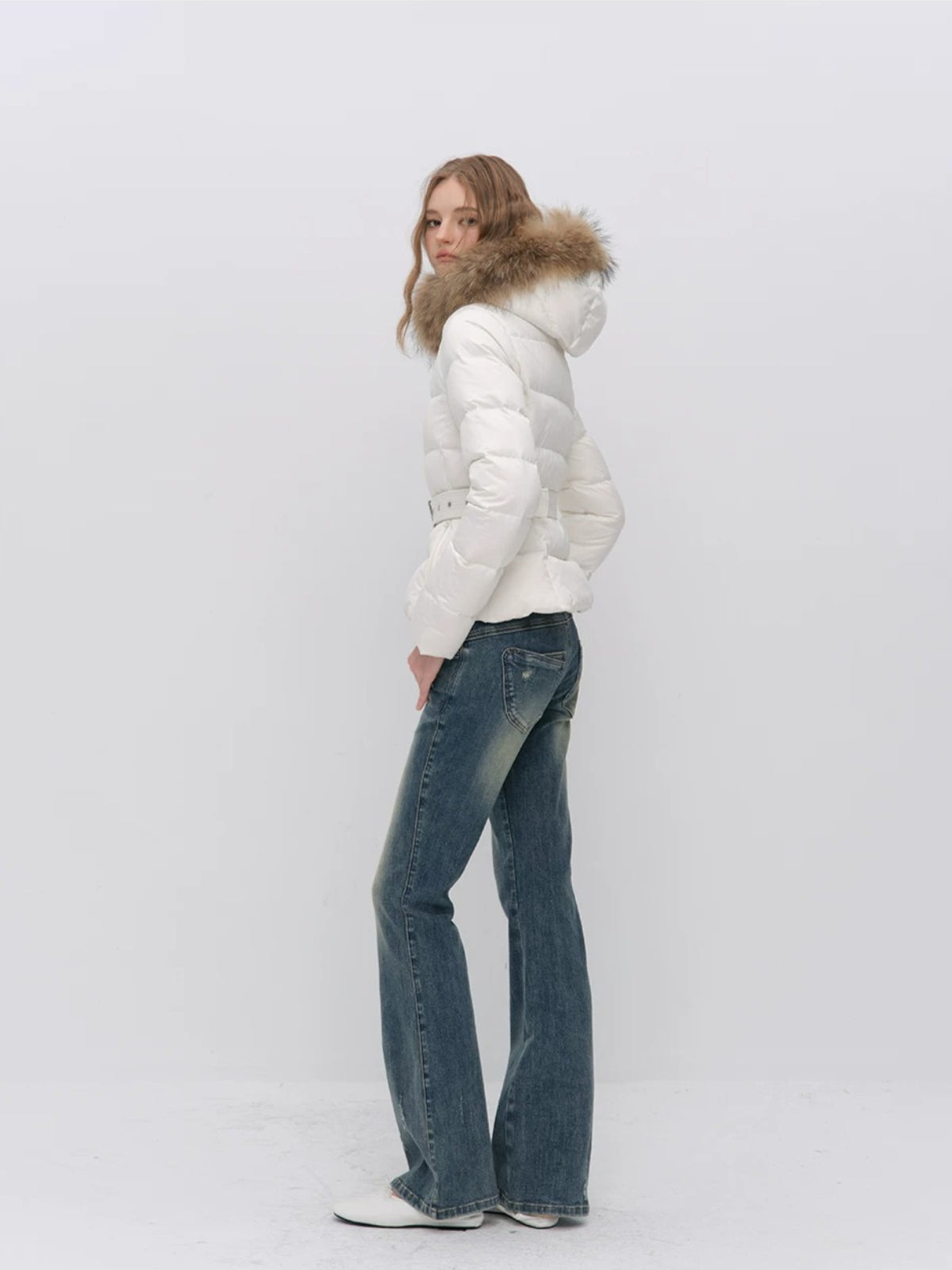 Fur Collar Belted Down Jacket