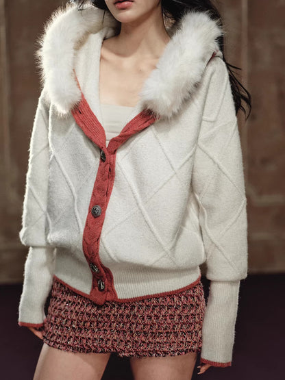 Chunky Knit Diamond Pattern Hooded Cardigan