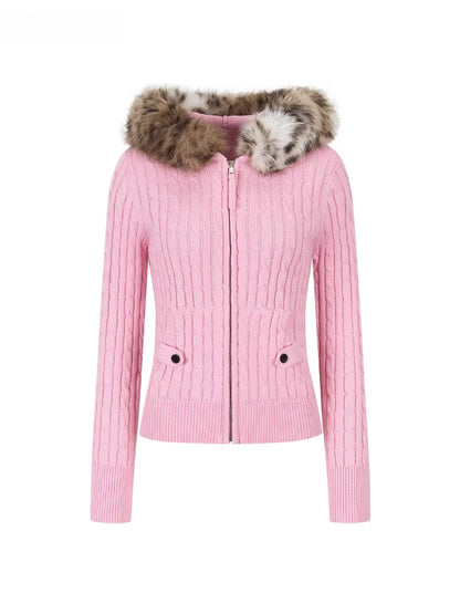 Faux Fur Collar Cable Knit Cardigan