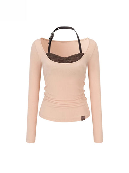 Lace-Panel Contrast Knit Top