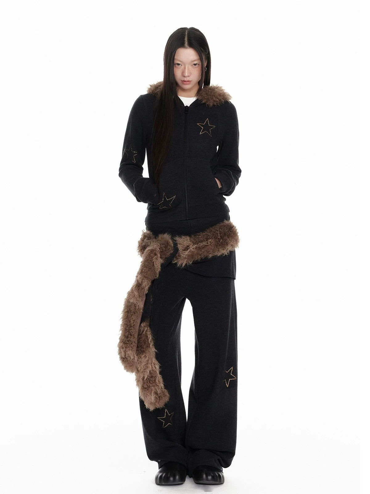 Fur Collar Hoodie &amp; Wide Pants Set