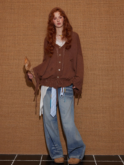 V-Neck Floral Tie Wool-Blend Knit Cardigan