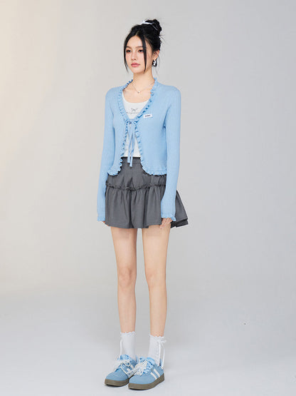 V - neck Ruffled Tie - front Knit Cardigan