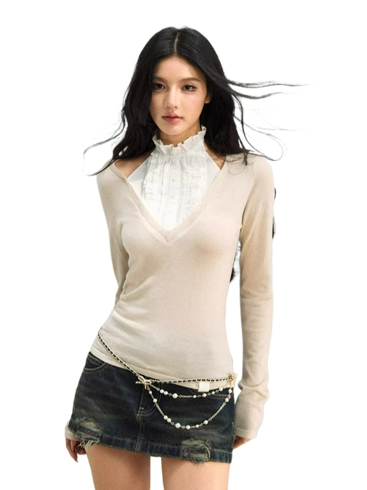 Faux Layered Mock Neck Knit Top