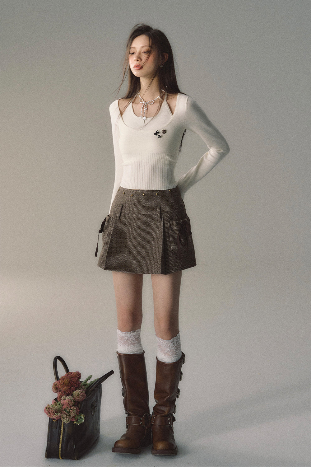 Green &amp; Apricot Halter 2-in-1 Knitted Short Sweater