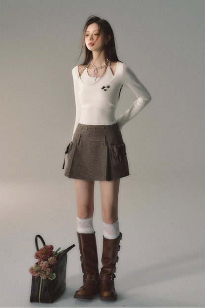 Green &amp; Apricot Halter 2-in-1 Knitted Short Sweater