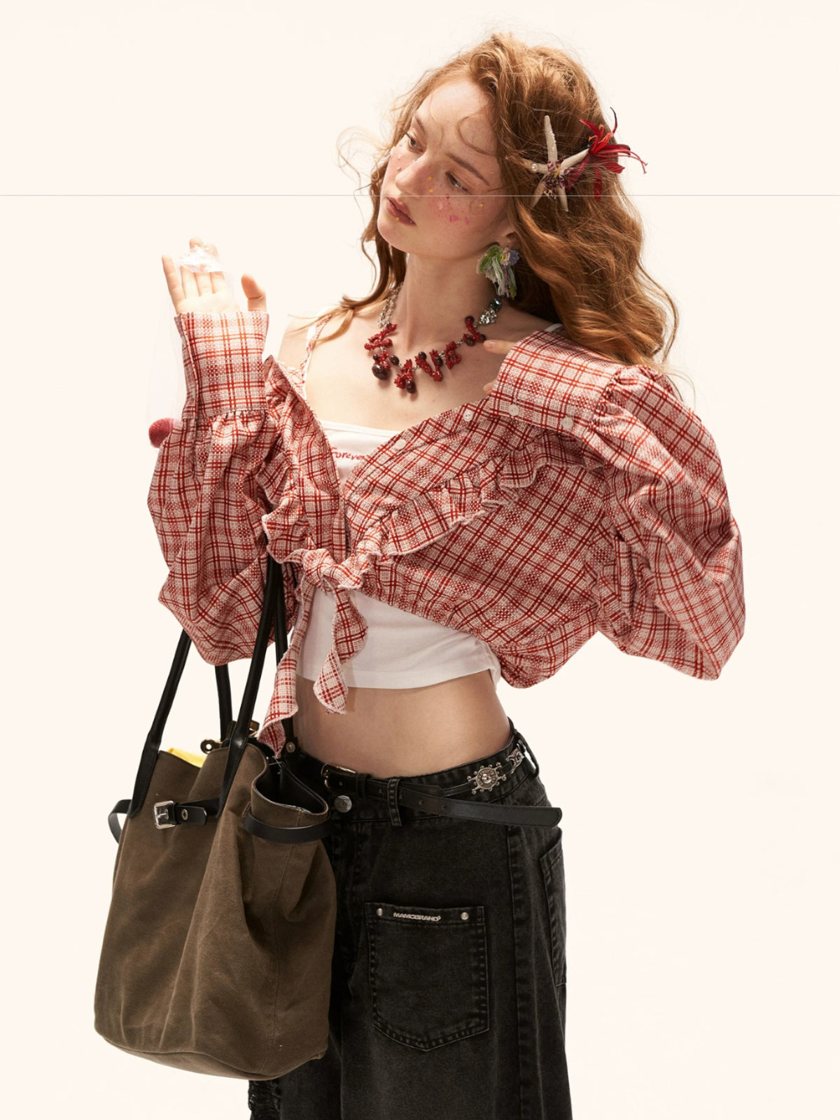 Plaid Tie Off-Shoulder Shirt