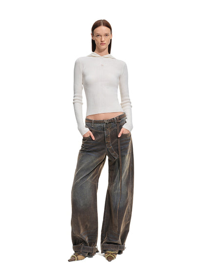 Terracotta Velvet-Washed Wide-Leg Jeans