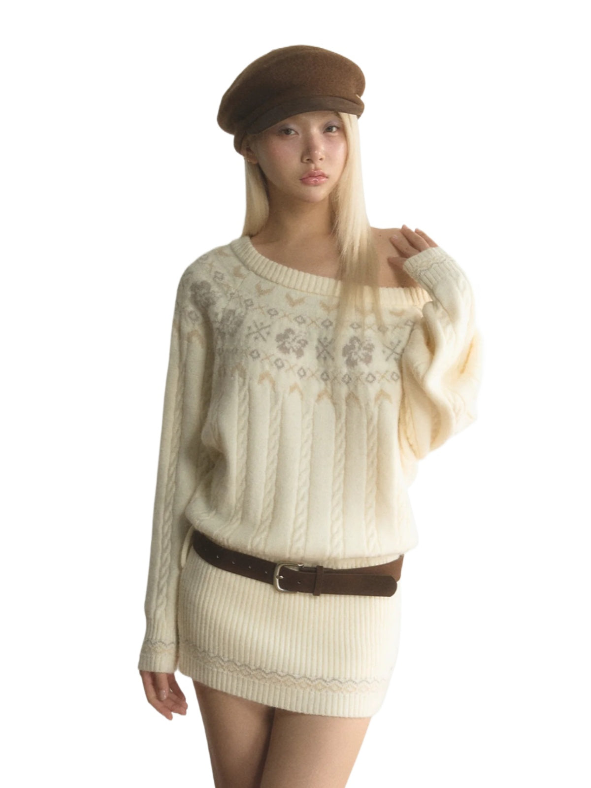Fair Isle Asymmetric Knit Mini Dress