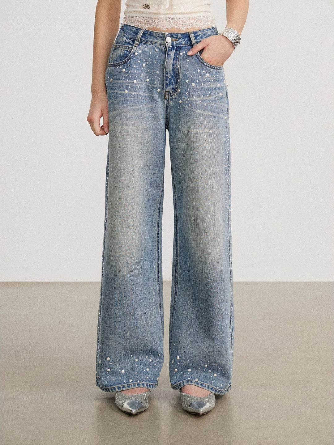 Crystal &amp; Pearl Embellished Jeans