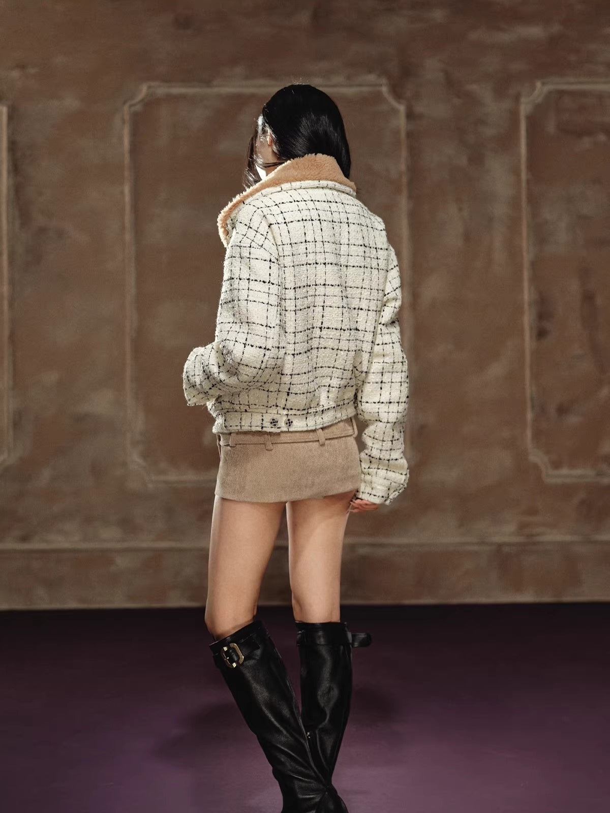 Wool Tweed Faux-Shearling Collar Quilted Jacket