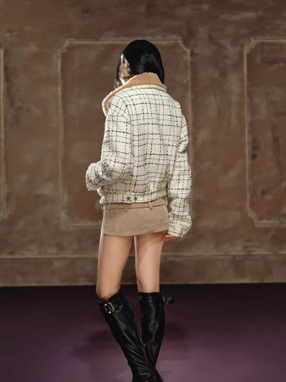 Wool Tweed Faux-Shearling Collar Quilted Jacket