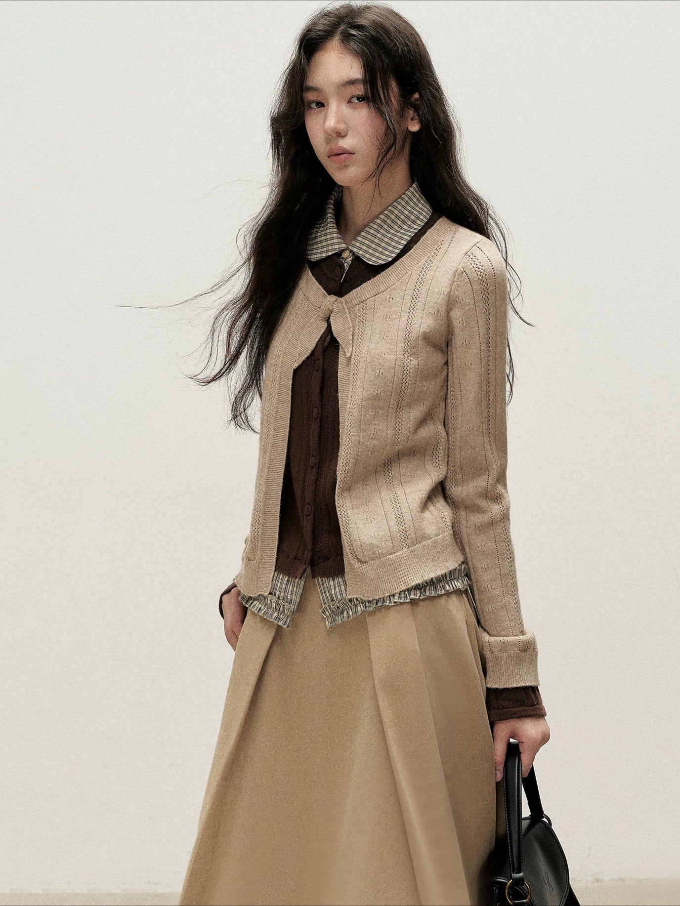 Plaid Collar Layered Knit Top