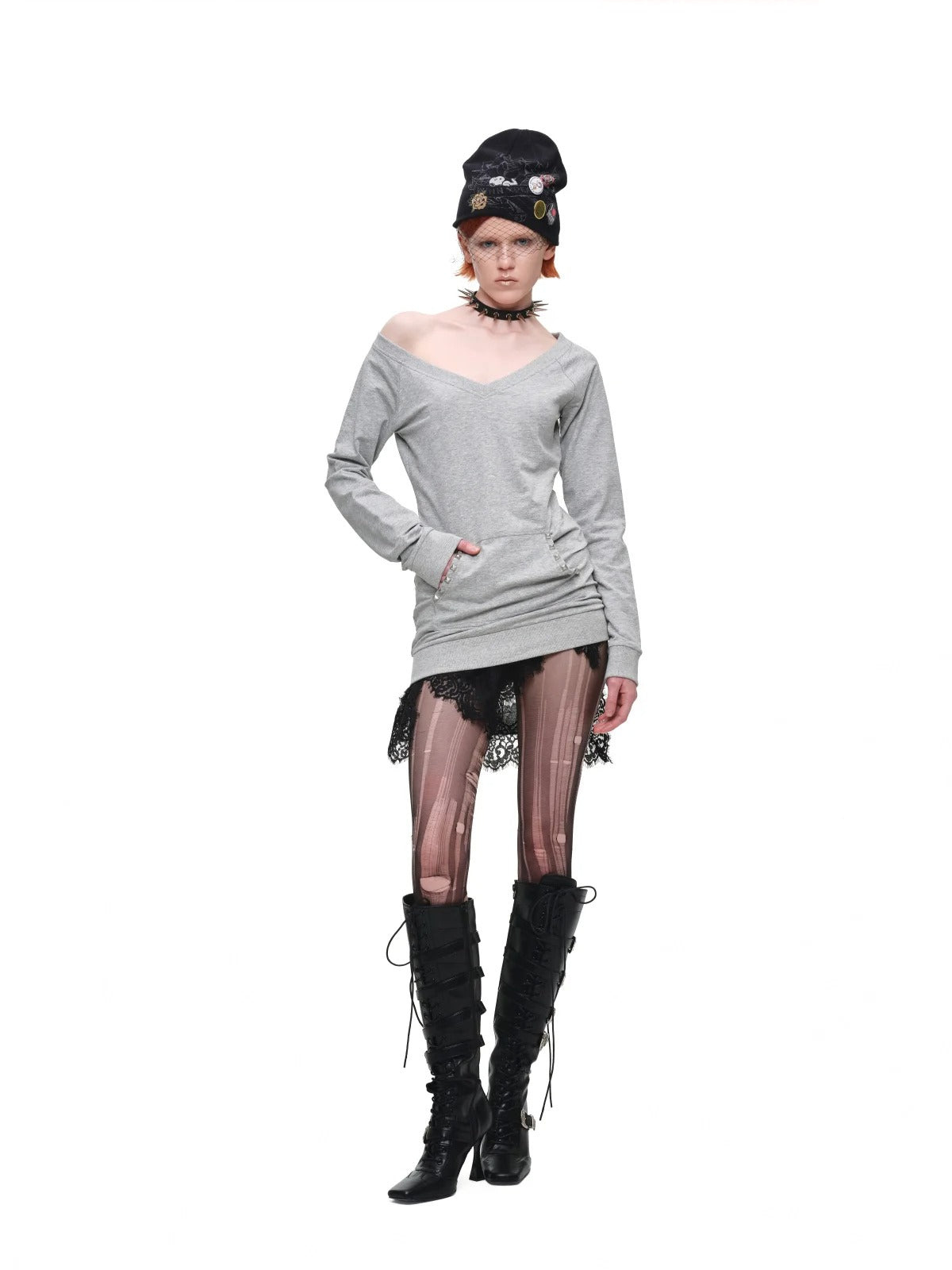 V-Neck Studded Slim Sweatshirt