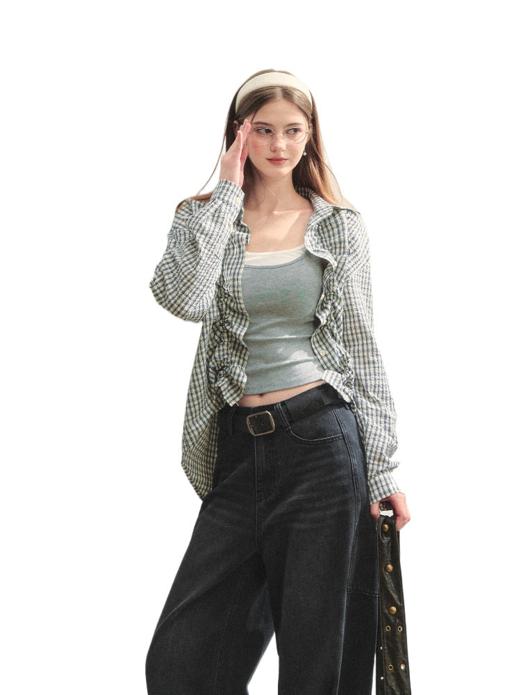 Checkered Contrast Hem Drawstring Pleated Shirt