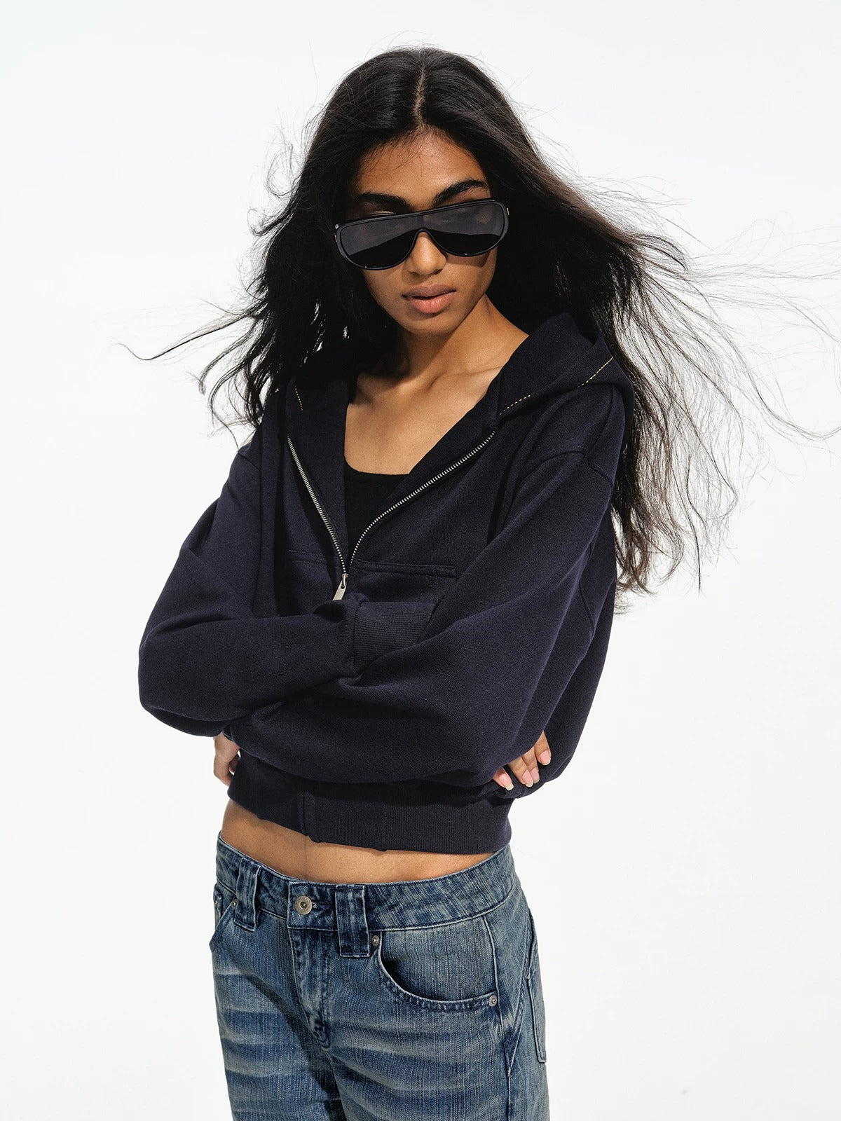 Wheat Embroidered Cropped Zip Hoodie