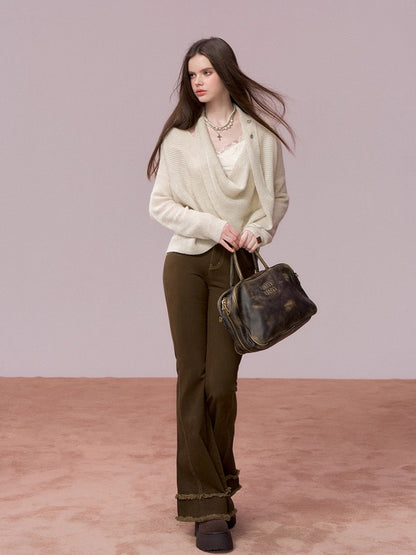 Ripped Hem Fitted Flared Denim Jeans