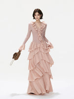 Ruffled Knit Chiffon Tiered Maxi Dress