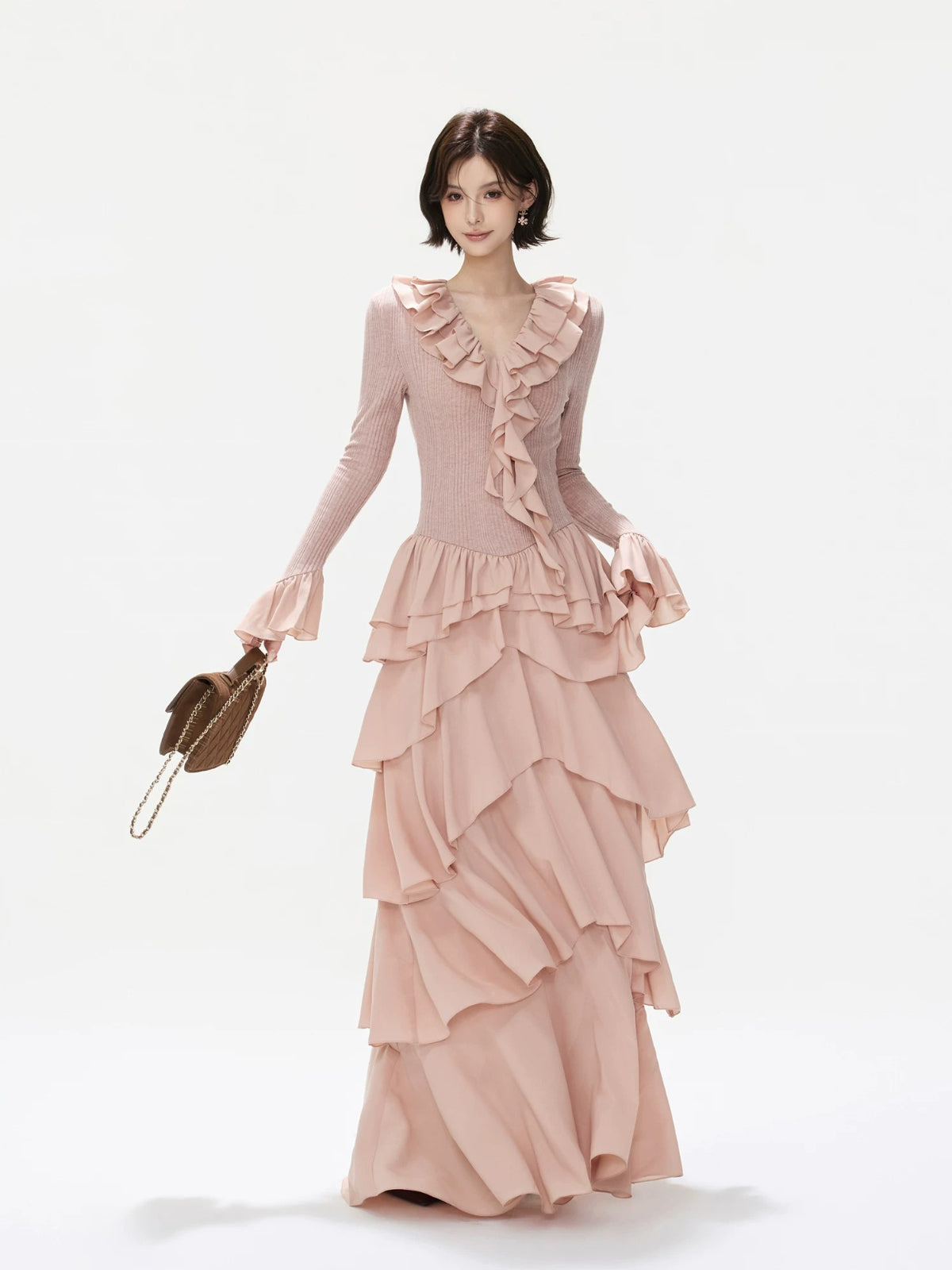 Ruffled Knit Chiffon Tiered Maxi Dress