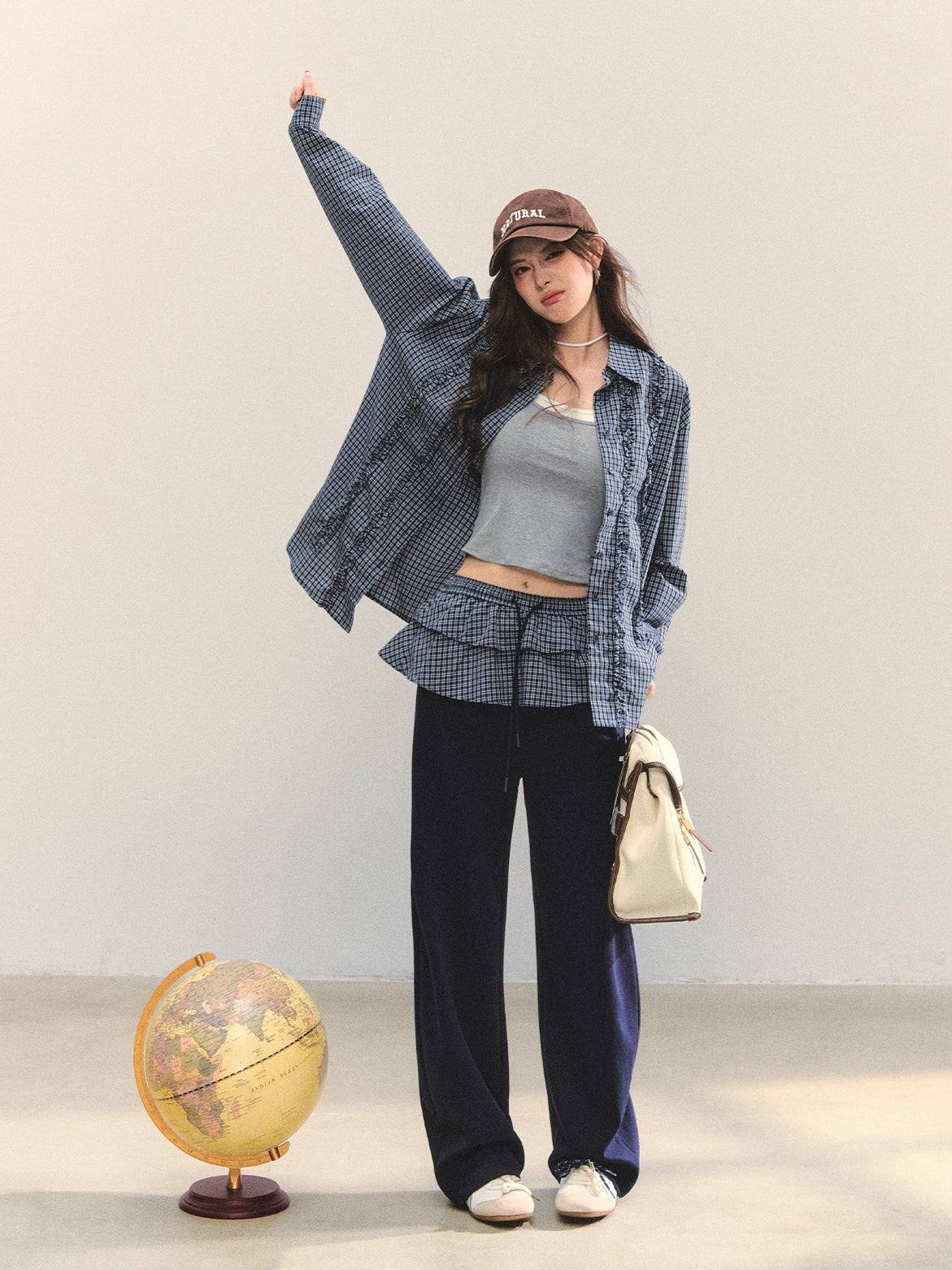 Plaid Ruffle Drawstring Pleated Shirt &amp; Sweatpants Set