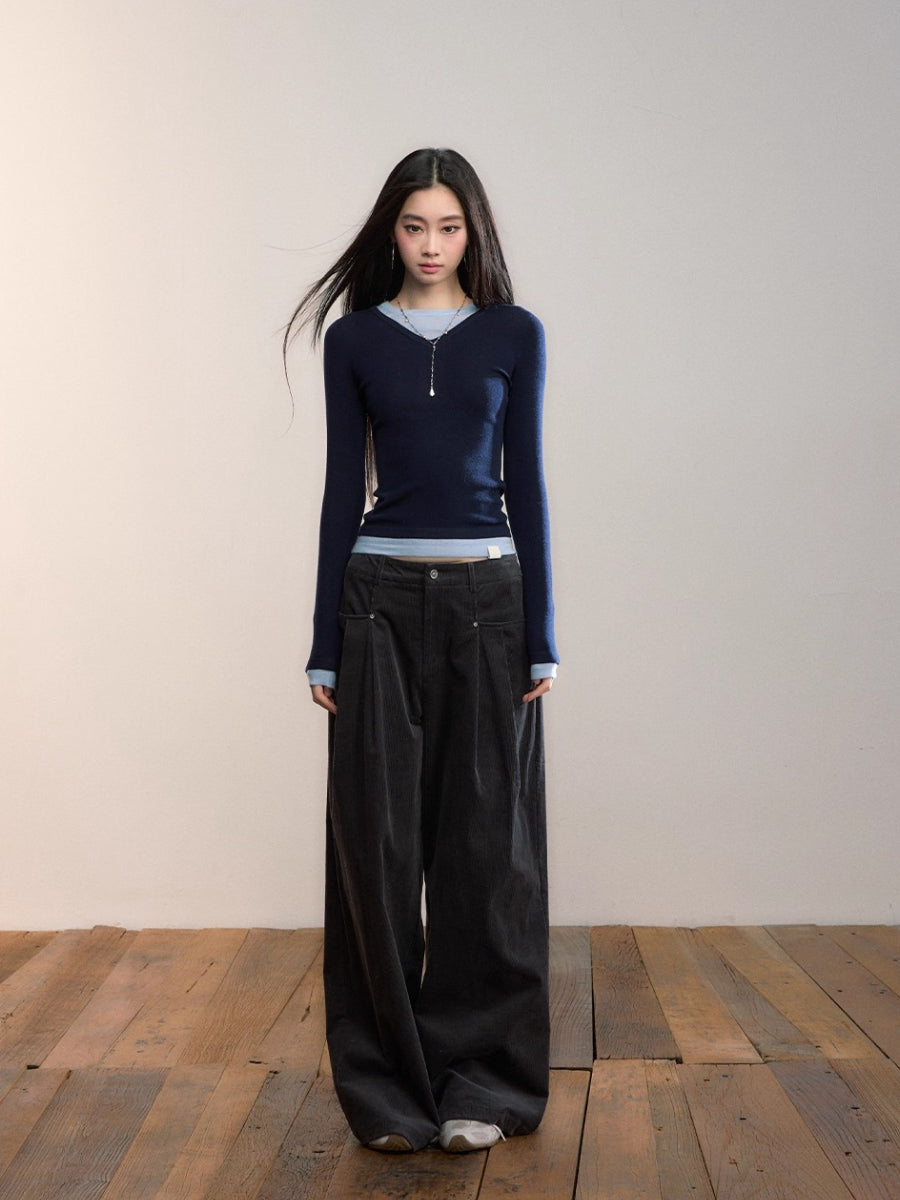 Dark Gray Pleated Corduroy Retro Casual Trousers