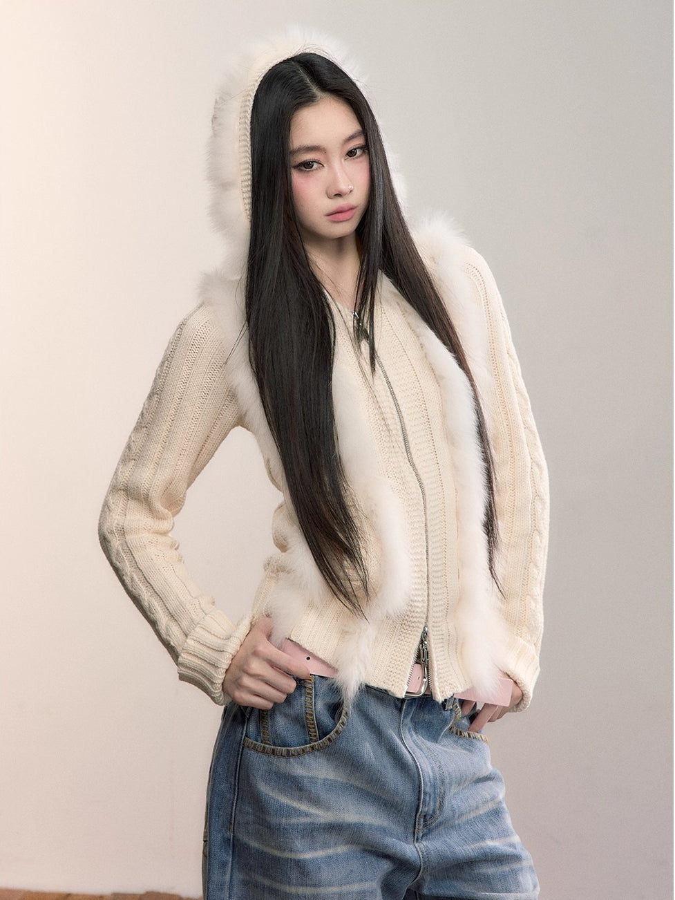 Fox Trim Hooded Knit Cardigan