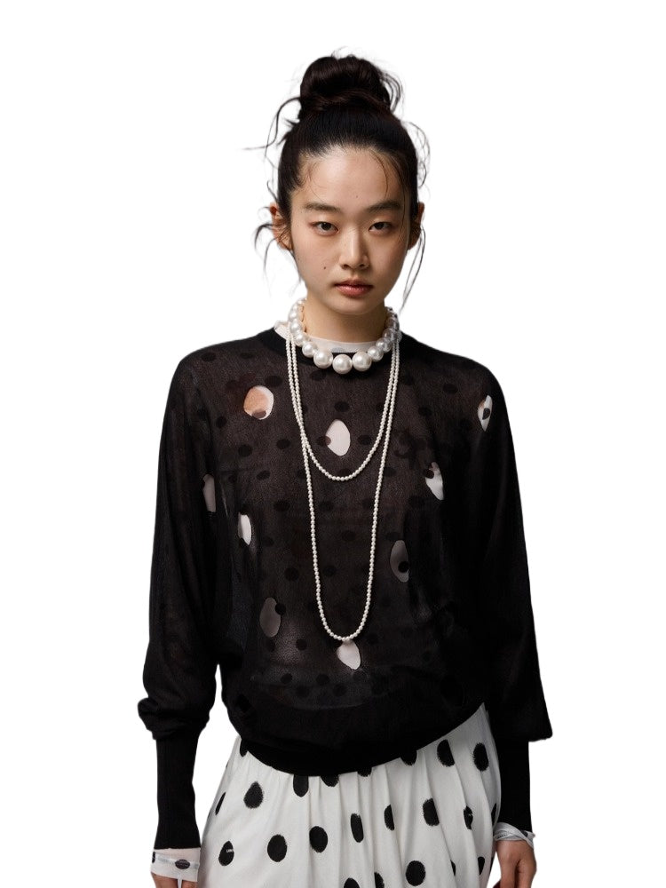 Polka Dot Hollow Knit Bubble Pullover