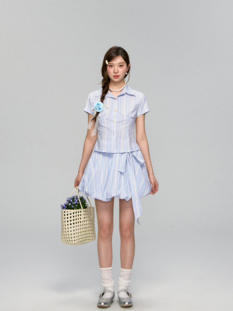 Colorful Buttons Striped College - Style Shirt &amp; Skirt Set