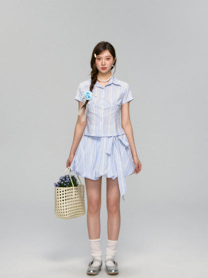 Colorful Buttons Striped College - Style Shirt &amp; Skirt Set