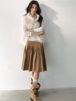Side-Button Faux Suede Pleated Skirt