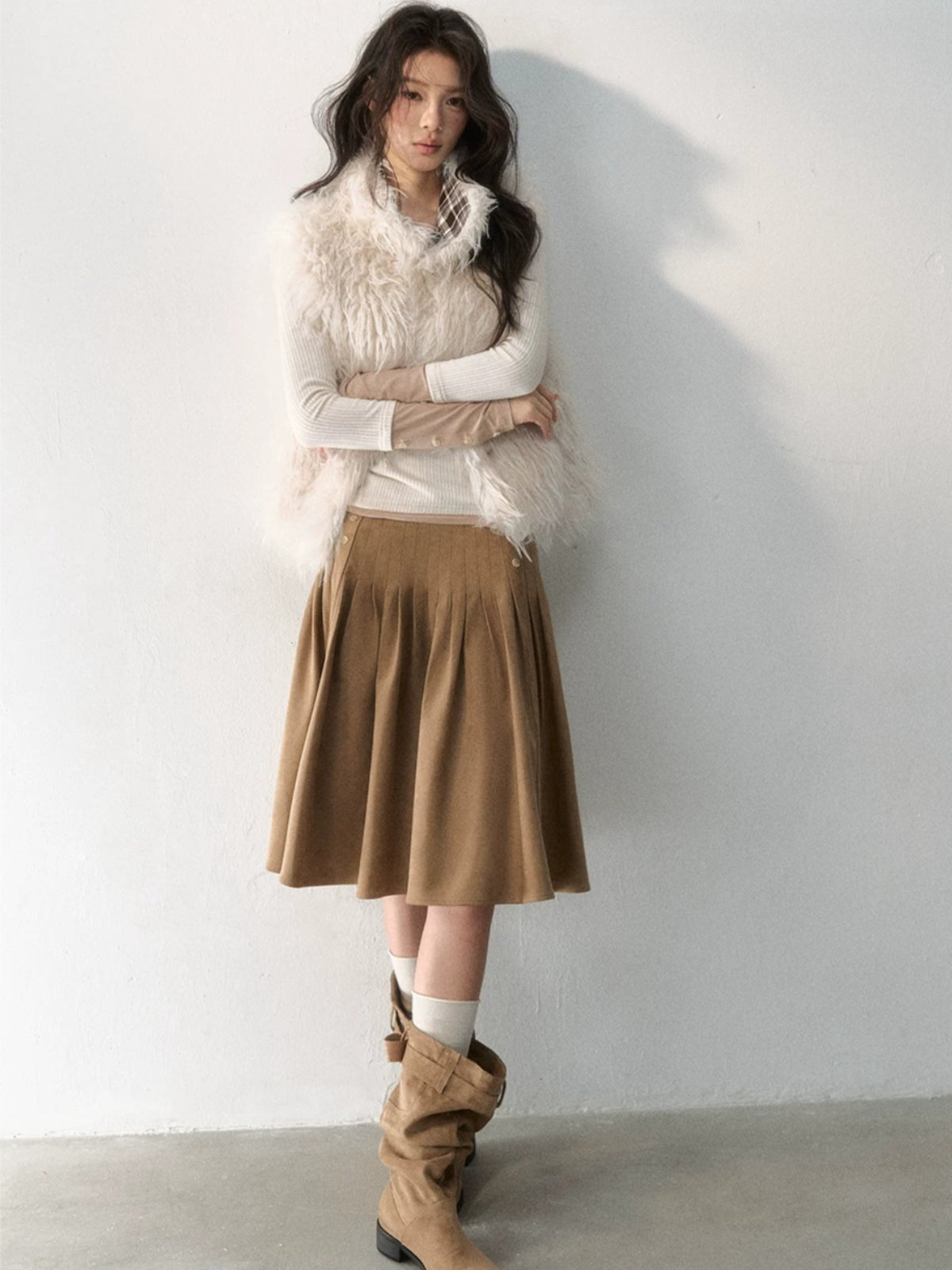Side-Button Faux Suede Pleated Skirt