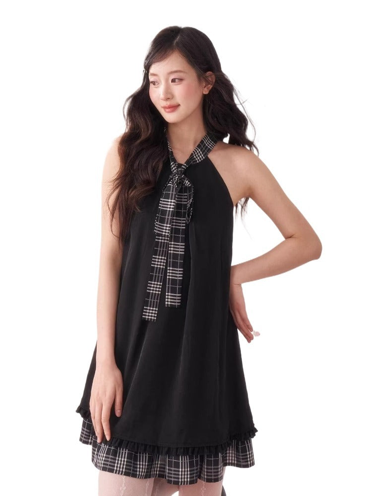 Black Ruffle Plaid Halter Dress