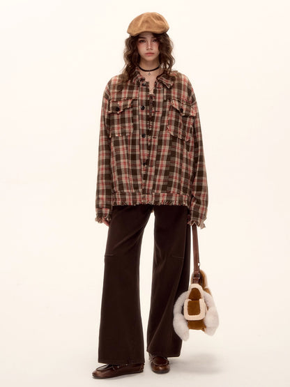 Checked Wool Blend Fringe Edge Shirt Jacket
