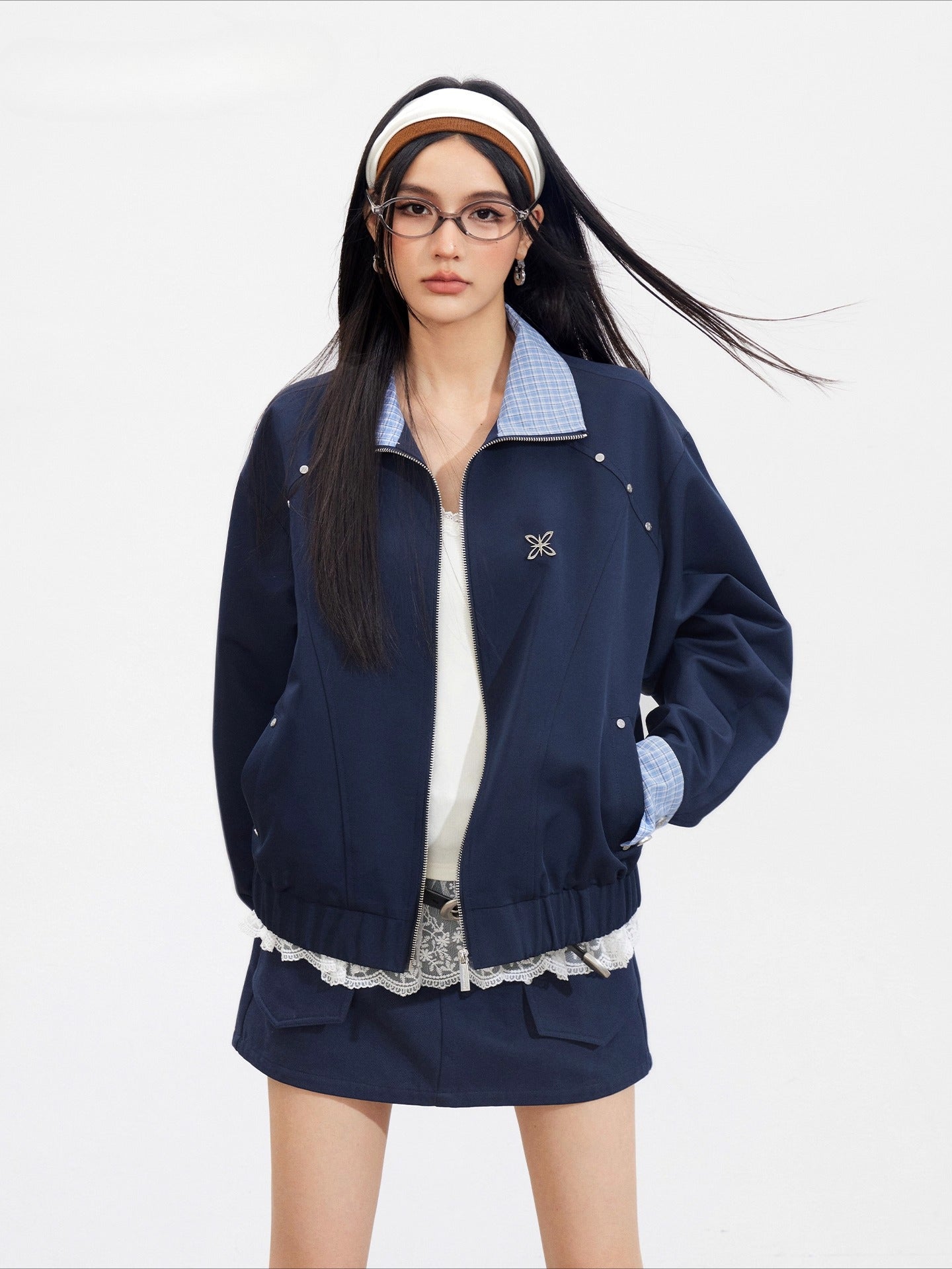 Navy Blue Plaid Patchwork Jacket