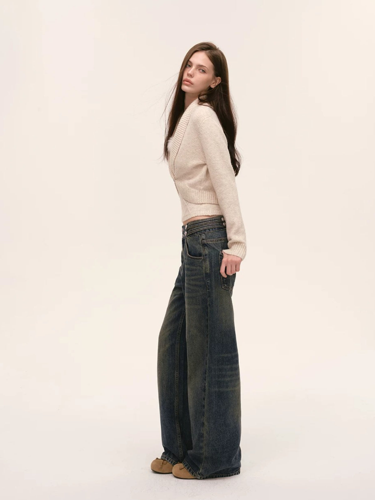 Vintage Double Button Wide-Leg Jeans