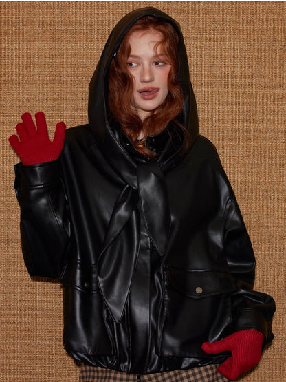 Detachable Bunny Hood Short Leather Jacket