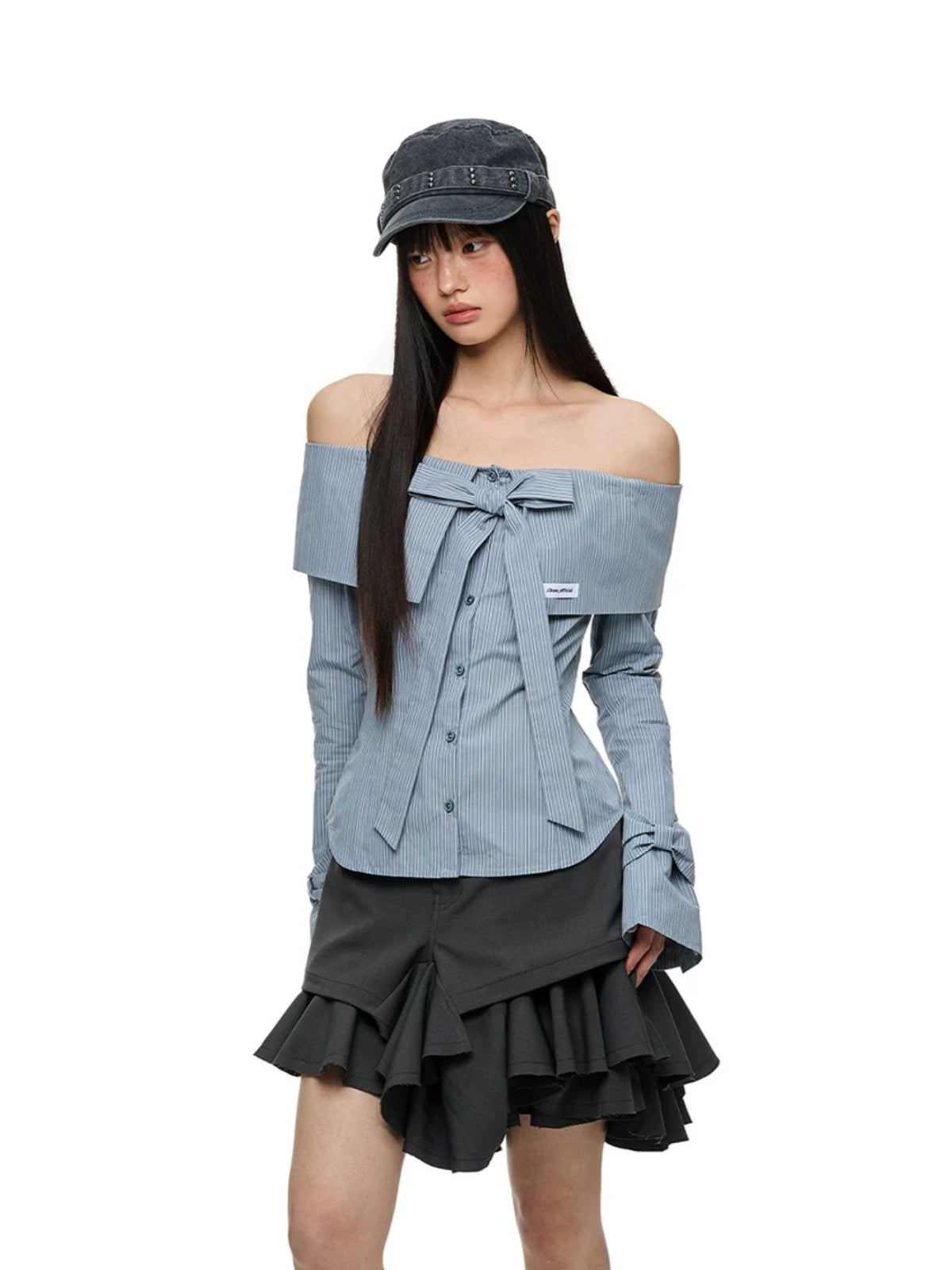 Off Shoulder Bow Tie Stripe Blouse