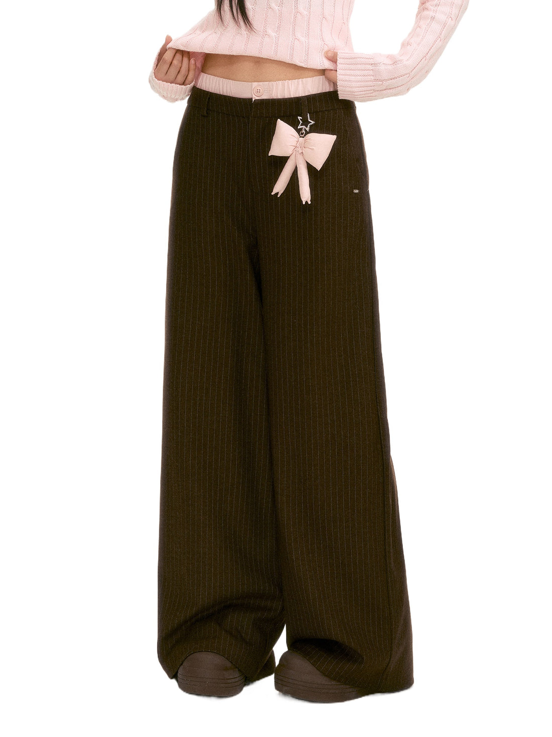 Brown Double-Waist Stripe Wide-Leg Pants