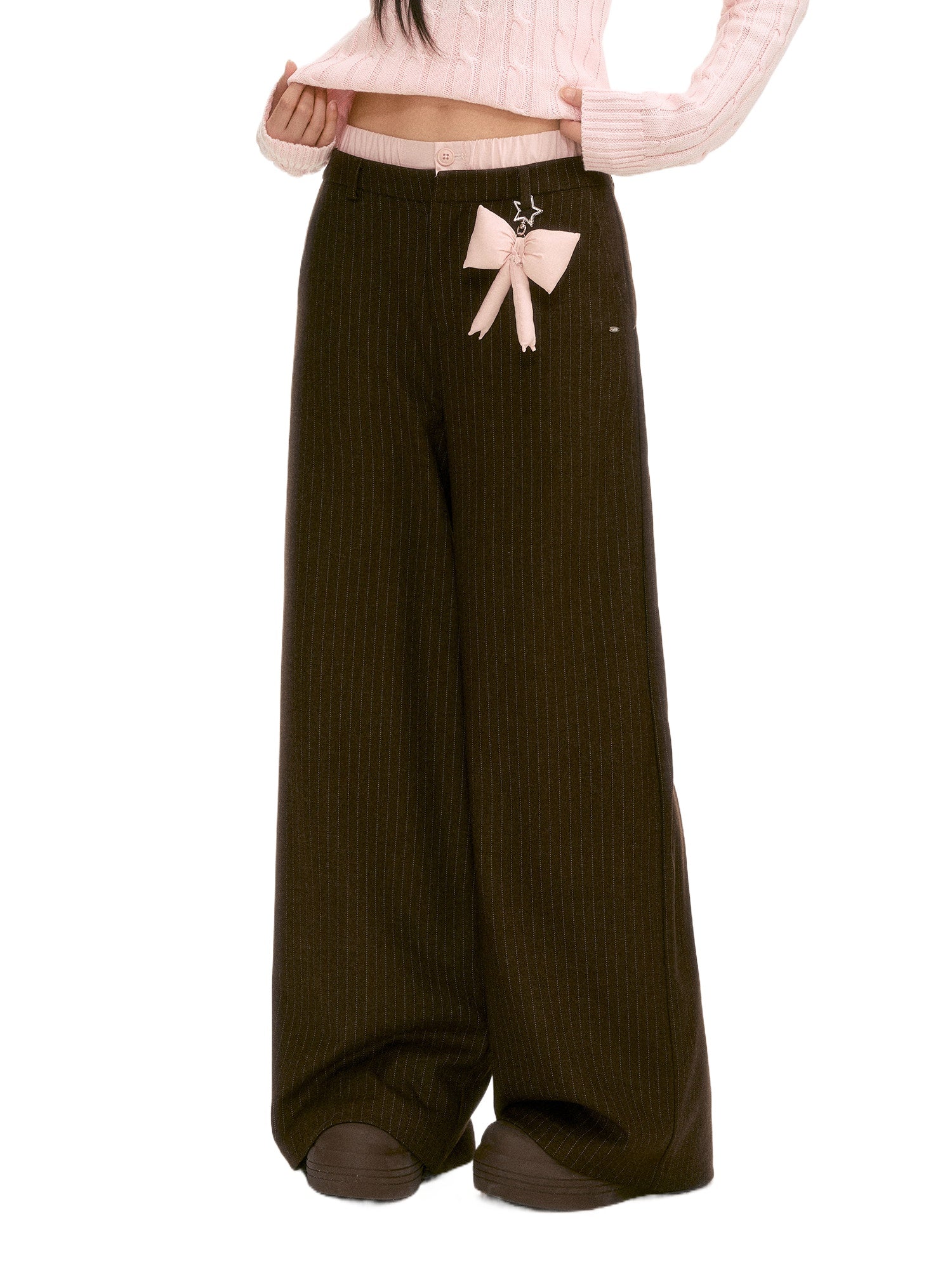 Brown Double-Waist Stripe Wide-Leg Pants