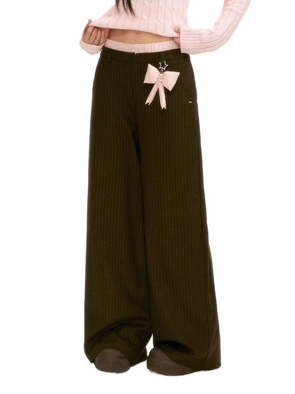 Brown Double-Waist Stripe Wide-Leg Pants