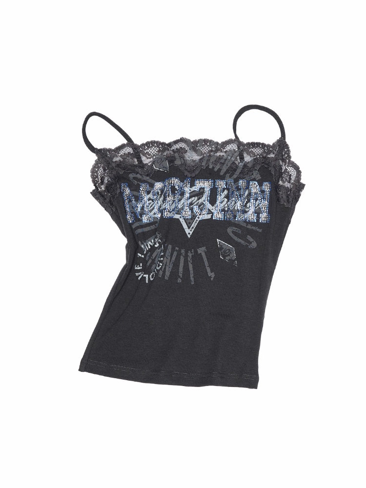 Lace Print Rhinestone Tank Top