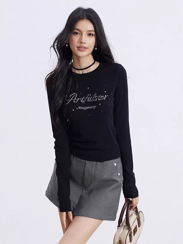 Black &amp; Beige Rhinestone Knit Top