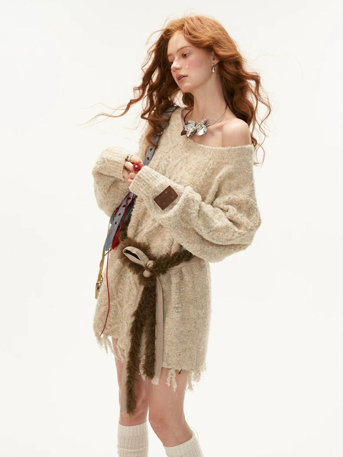Off-Shoulder Fringe Knit Sweater