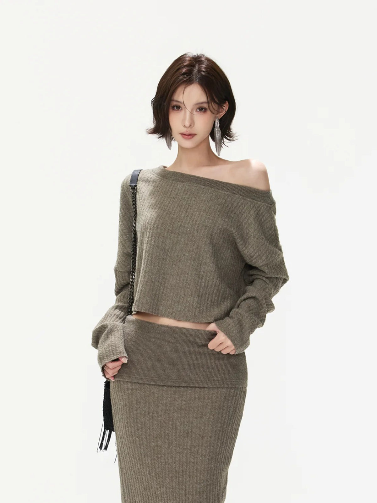 Asymmetric Ribbed Knit &amp; Maxi Skirt Set