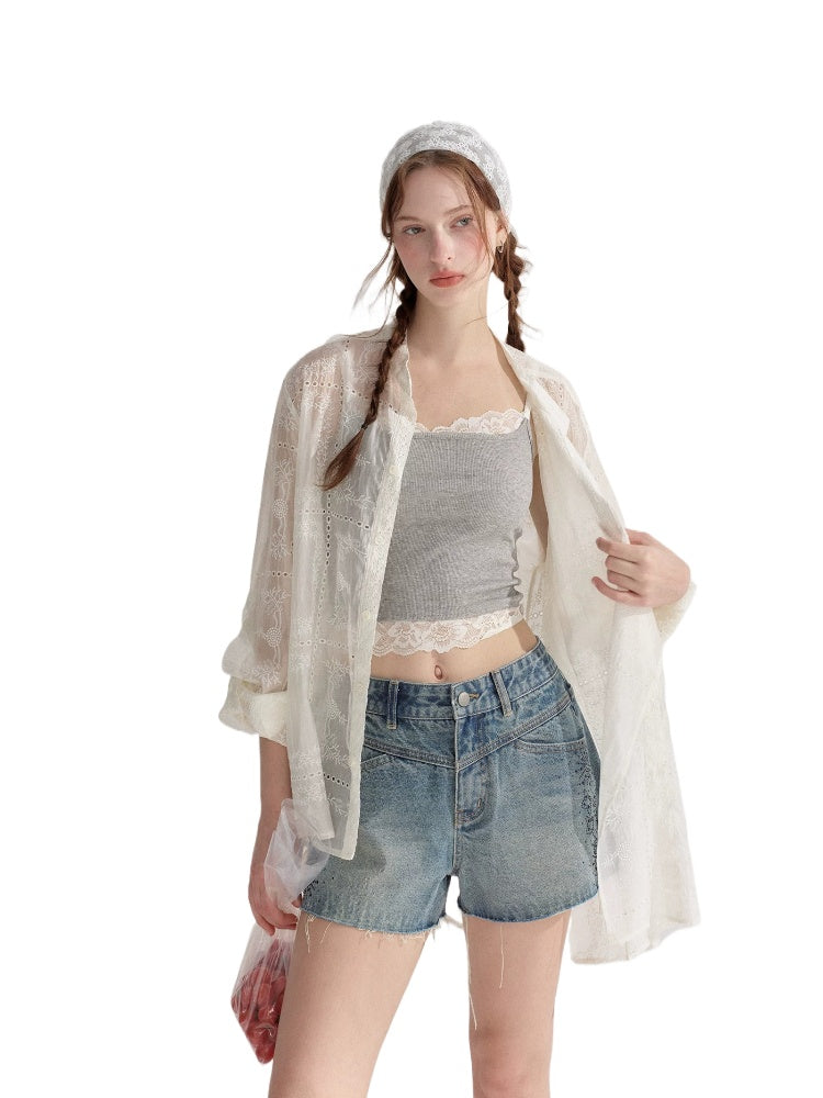 Embroidered Eyelet Cover-Up Shirt