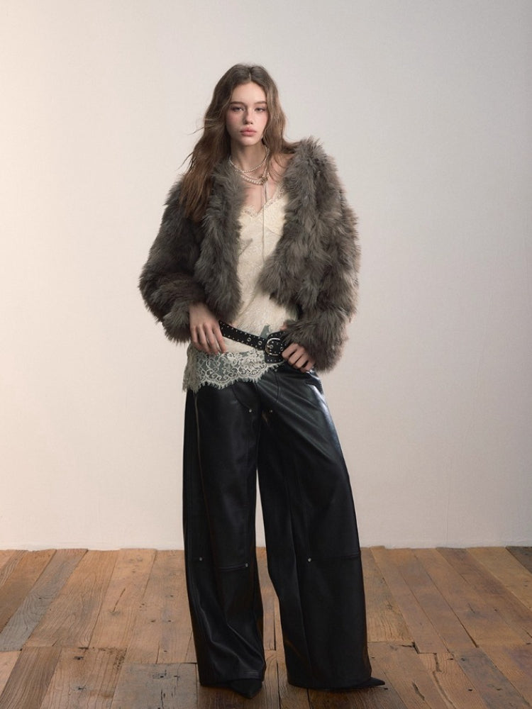 Short PU Leather Faux Fur Collar Coat