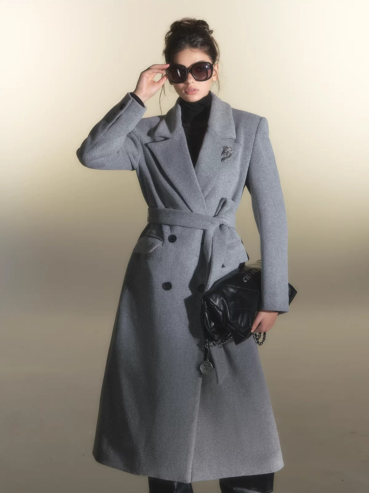 Grey Belted Oversized Wool Coat