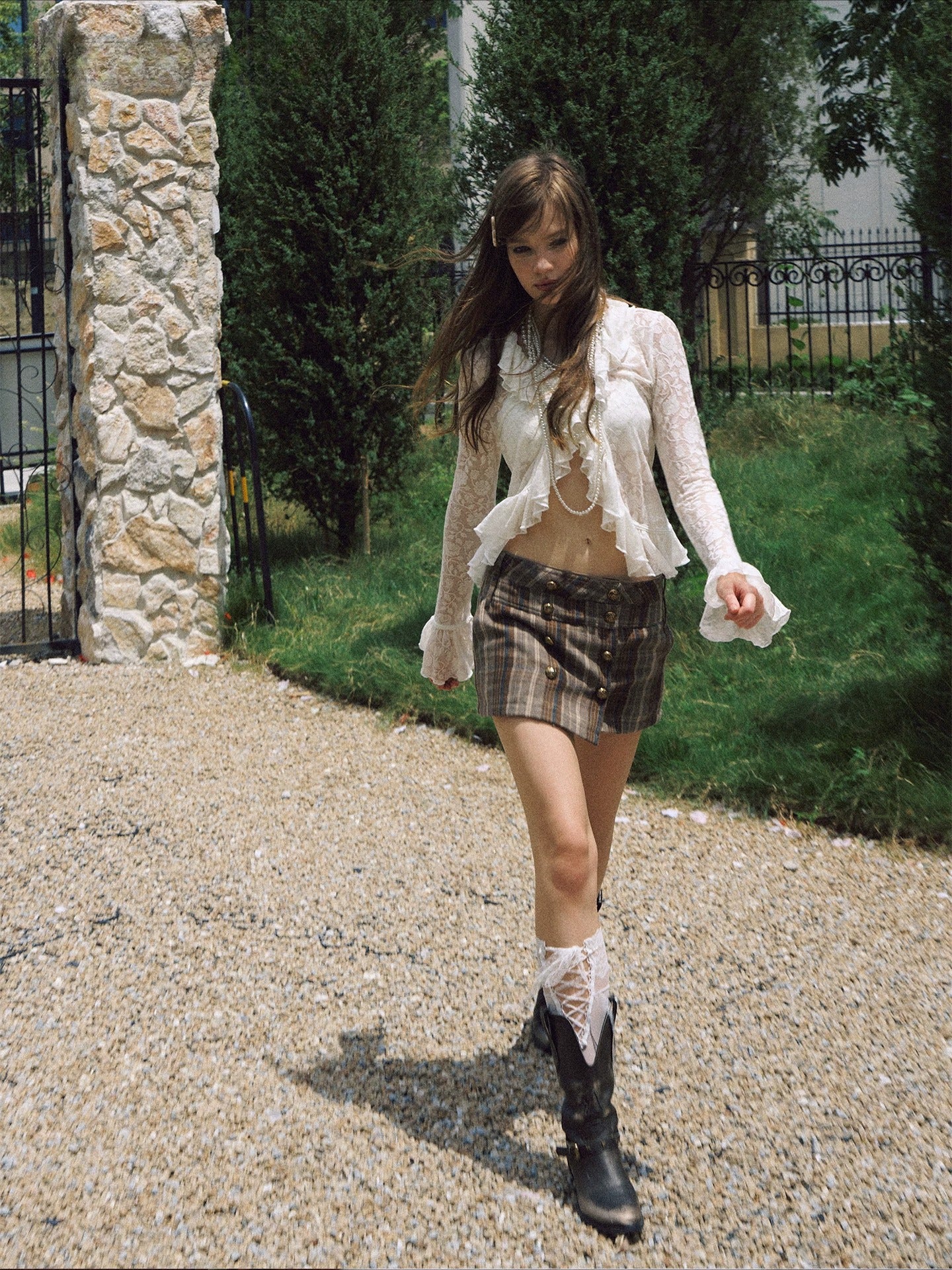 Double-Button Plaid Skort