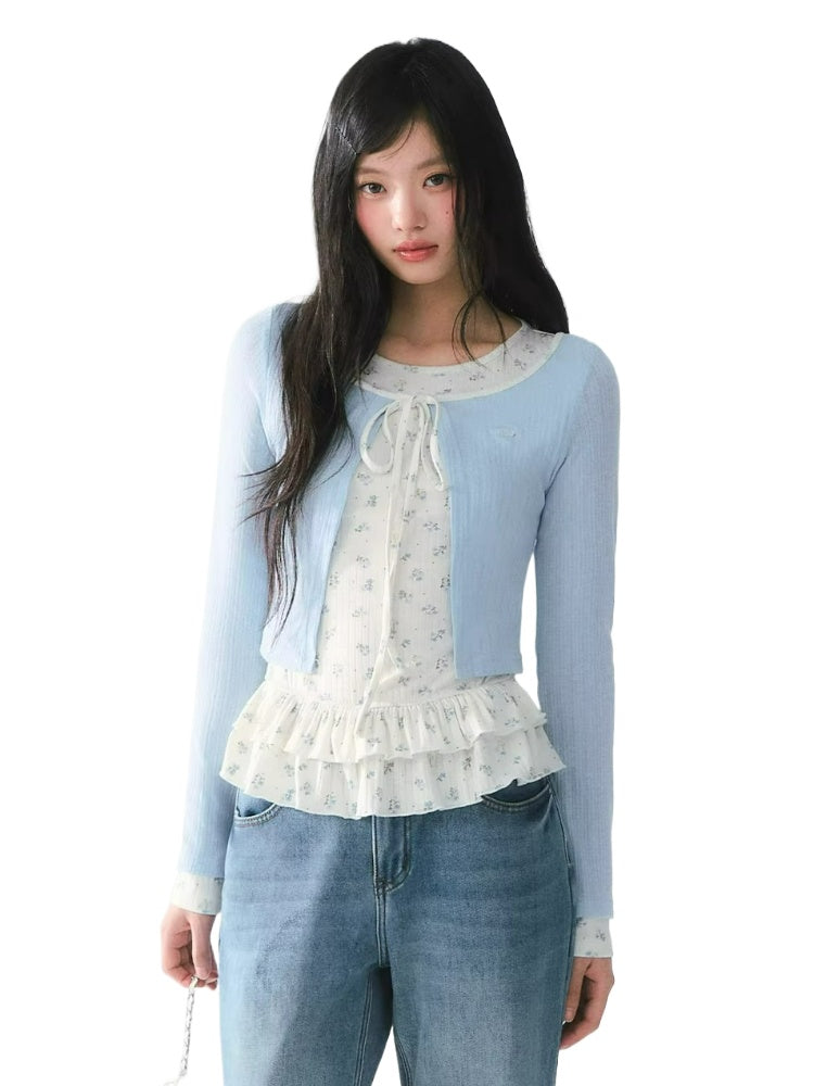 Floral Ruffle Faux Layered Knit Top