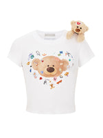 Sticker Bear Head Crew Neck Cotton T-shirt